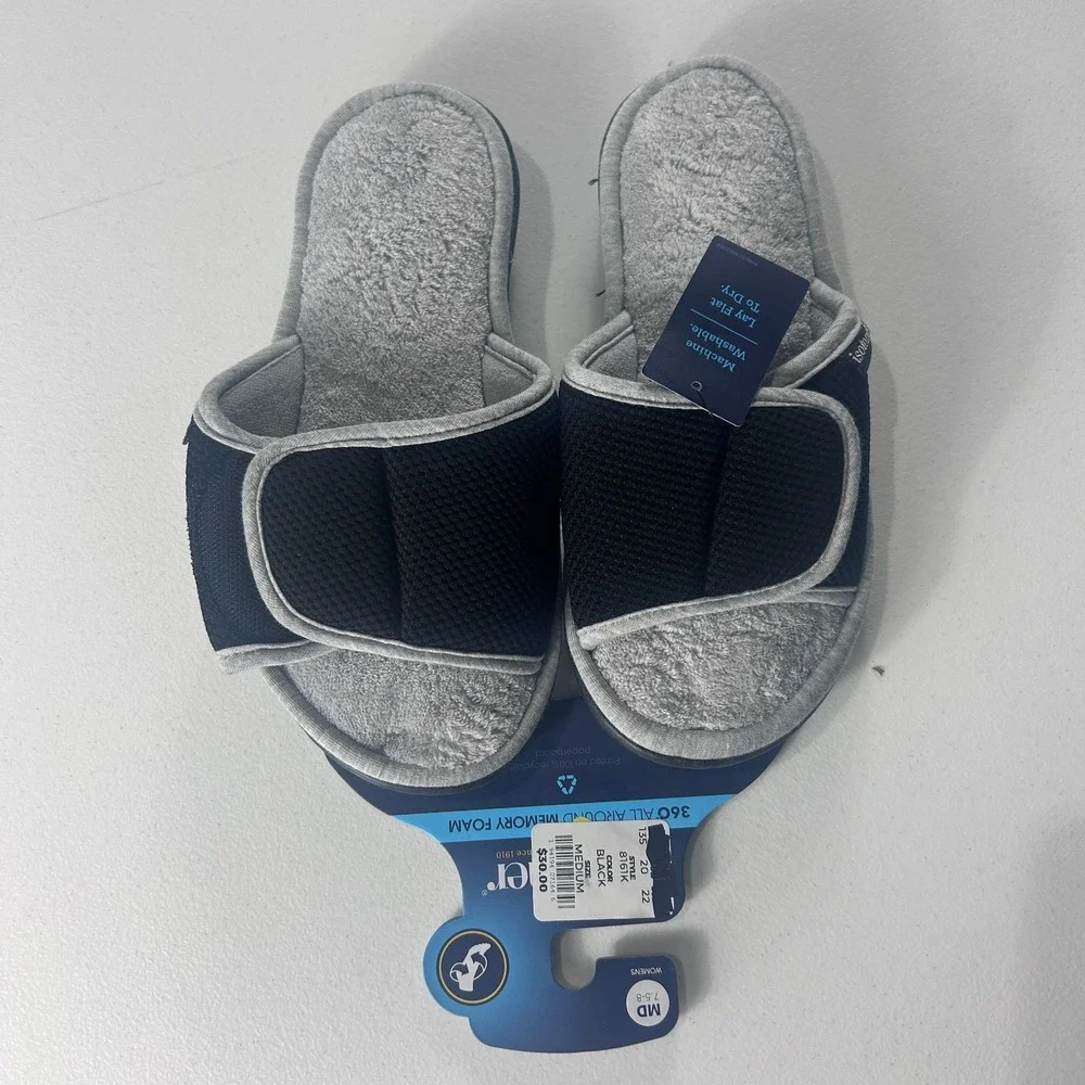 Isotoner Womens Memory Foam Slipper Slides Black Grey Size Medium 7.5-8 NEW - Picture 2 of 8